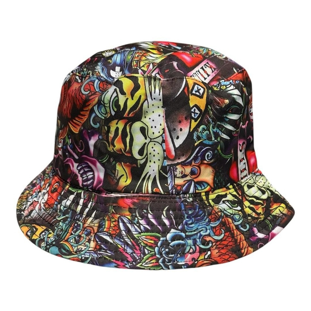 Tattoo Skull Print Hat Bucket Fitted Mens Size 7 Multicolor Graphic Streetwear
